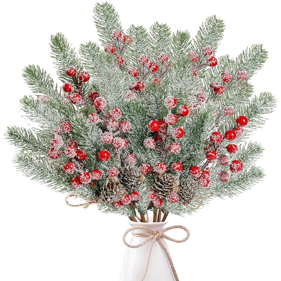 8 Pack Snow Frosted Christmas Berries Pine Picks Artificial White Berry Pine Branches Faux Pine Stem with Pine Cones for Xmas Tree Wreath DIY Craft Floral Arrangement Holiday Decor (White)