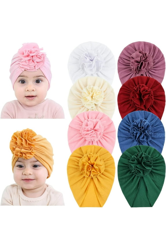 8 Pack Soft Cotton Solid Turban Hats Caps Beanies Headwraps with Big Flower Bow for Baby Girls Infants Toddlers Kids