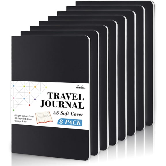 8 Pack Soft Cover Journal Bulk, Feela Notebooks College Ruled for Work, Lined Travel Journal for Women Men, Note Taking Notebook Business Writing, 8.2” x 5.5”, A5, Black