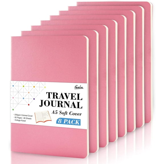 8 Pack Soft Cover Journal Bulk, Feela Notebooks College Ruled for Work, Lined Travel Journal for Women Men, Note Taking Notebook Supplies Business Writing, 8.2” x 5.5”, A5, Pink