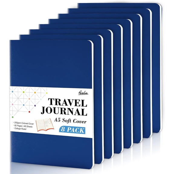 8 Pack Soft Cover Journal Bulk, Feela Notebooks College Ruled for Work, Lined Travel Journal for Women Men, Note Taking Notebook Supplies Business Writing, 8.2” x 5.5”, A5, Navy