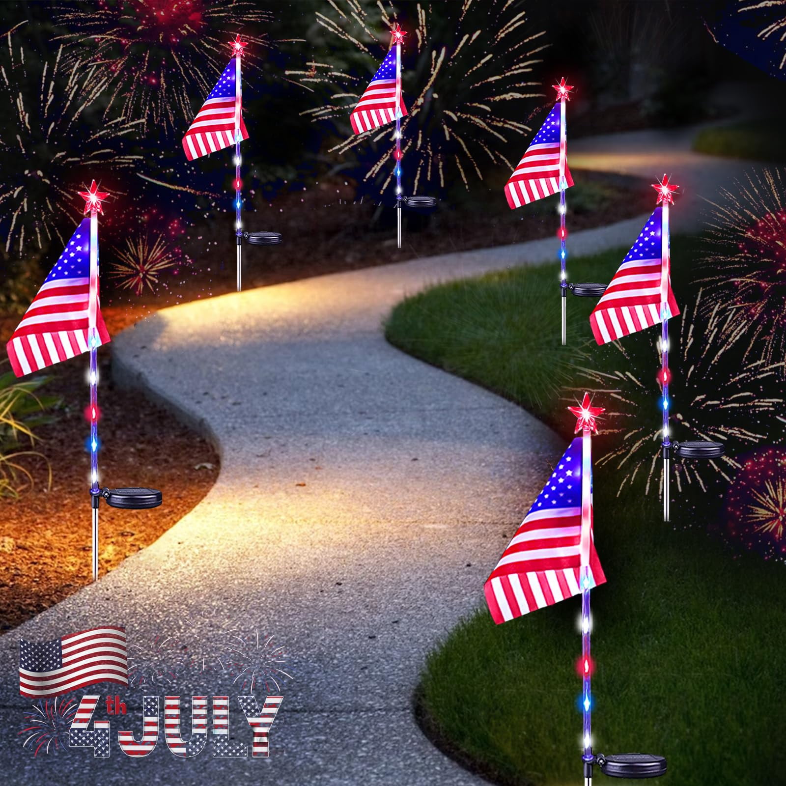 8 Pack Solar American Flag Lights Outdoor, 4th of July Decorations Outdoor, Waterproof Solar Flag Patriotic Lights for Yard, Garden, Pathway, Independence Day, 250th Anniversary