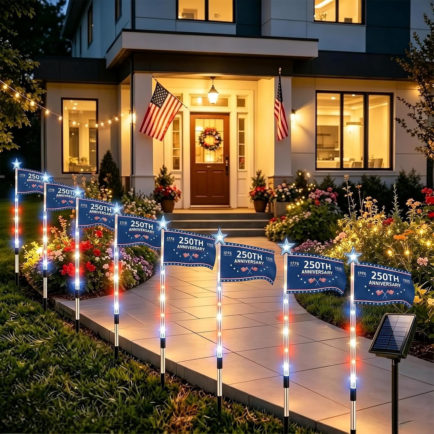 8 Pack Solar American Flag Pathway Lights - 250th Anniversary Patriotic Red White Blue Outdoor Stakes, 8 Modes Waterproof LED Garden Lights for 4th of July, Memorial Day & Independence Day Decor