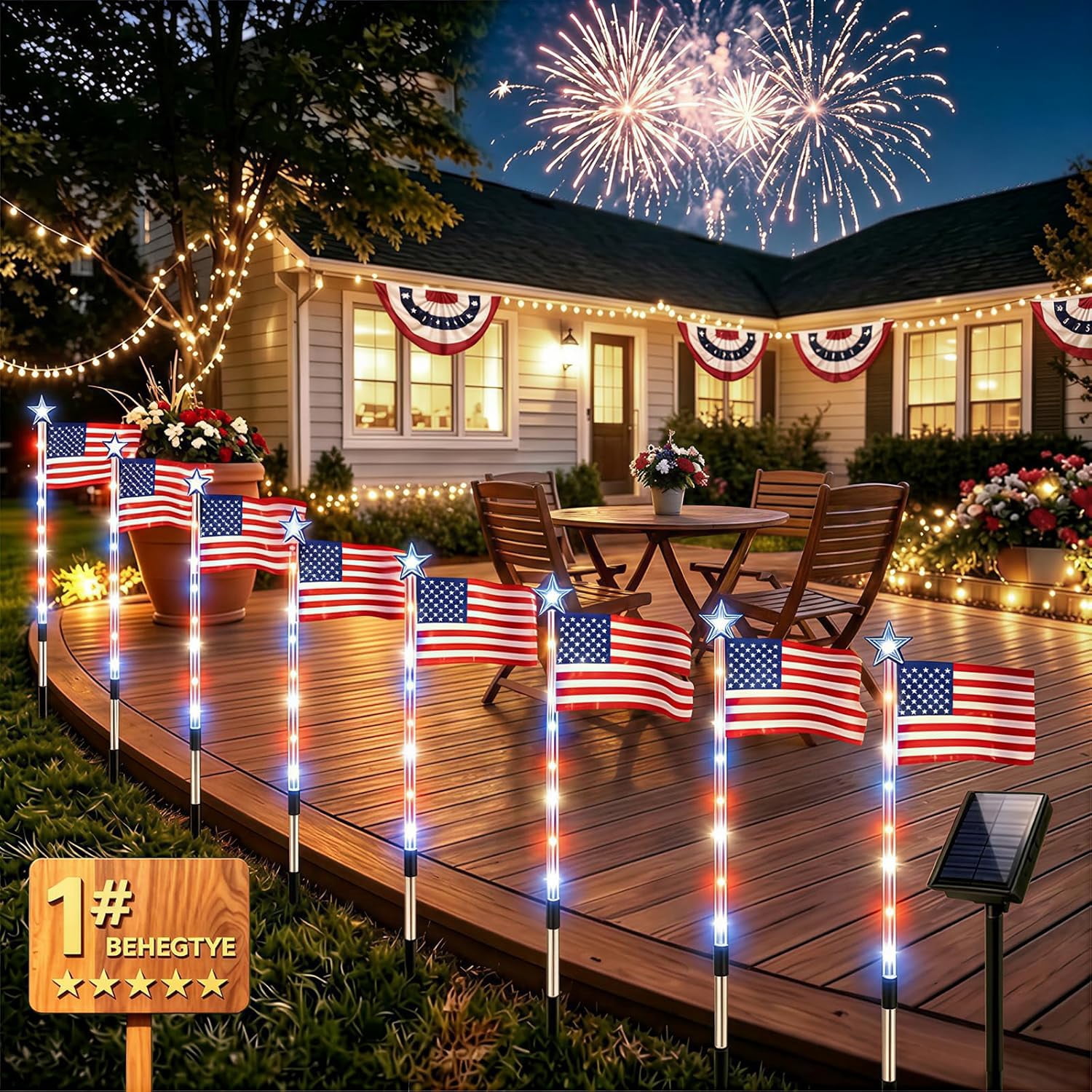 8 Pack Solar American Flag Pathway Lights - 250th Anniversary Patriotic Red White Blue Outdoor Stakes, 8 Modes Waterproof LED Garden Lights for 4th of July, Memorial Day & Independence Day Decor