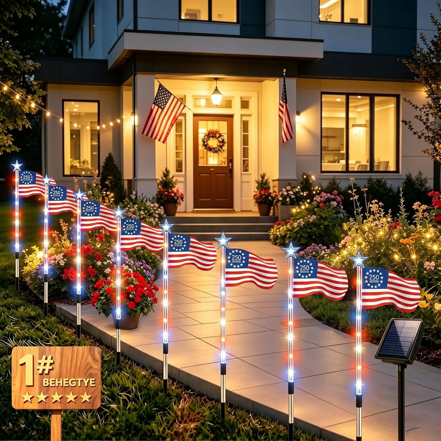 8 Pack Solar American Flag Pathway Lights - 250th Anniversary Patriotic Red White Blue Outdoor Stakes, 8 Modes Waterproof LED Garden Lights for 4th of July, Memorial Day & Independence Day Decor