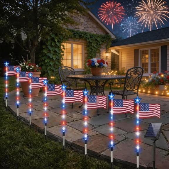 8 Pack Solar American Flag Pathway Stake Lights with 8 Modes - Patriotic Red White Blue Waterproof LED Outdoor Yard Garden Decorations for 4th of July, Memorial Day