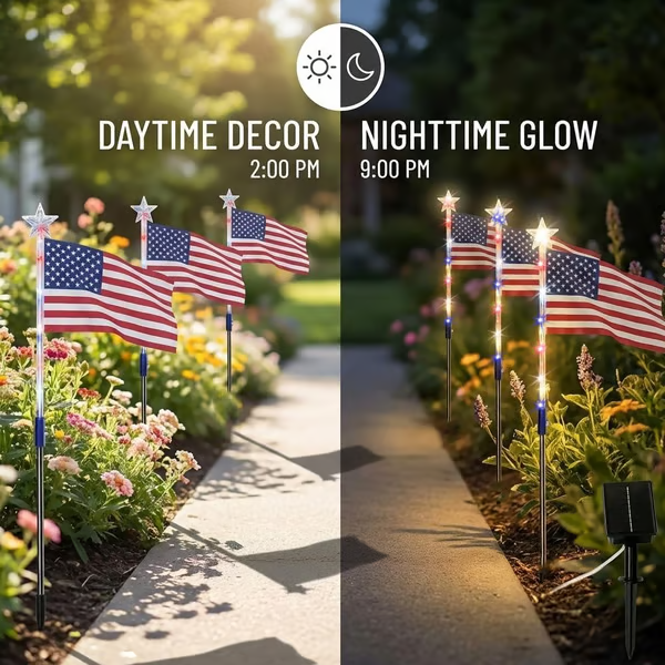 8 Pack Solar American Flag Pathway Stake Lights with 8 Modes, Red White Blue Patriotic Solar Powered Flag Pole Lights, Waterproof LED Outdoor 4th of July Memorial Day Yard Garden Decorations