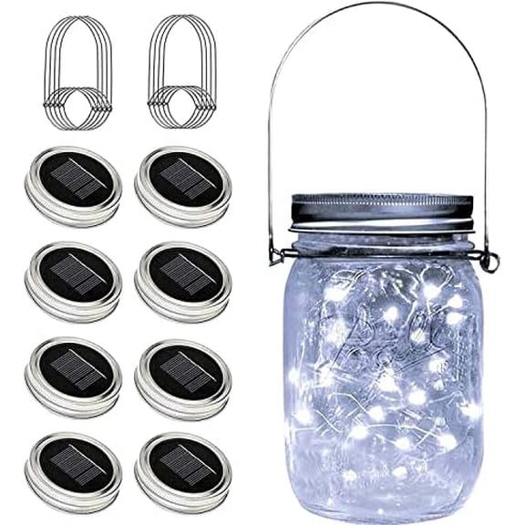 8 Pack Solar Fairy Star Firefly Jar Lid Lights - Waterproof Lantern Mason String Lights With Hangers for Regular Mouth Jars - Christmas Gifts (Cold White)