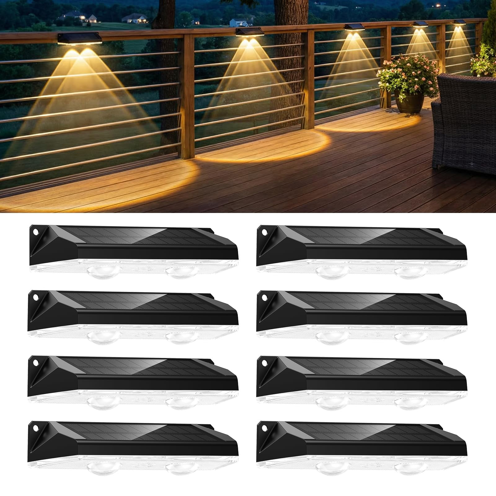 8 Pack Solar-Fence-Lights-Outdoor, IP65 Waterproof Warm White & RGB 11 Color Solar Deck Step Flood Lights, Solar Patio Lights for Outside Backyard Yard Home Improvement Wall Railing