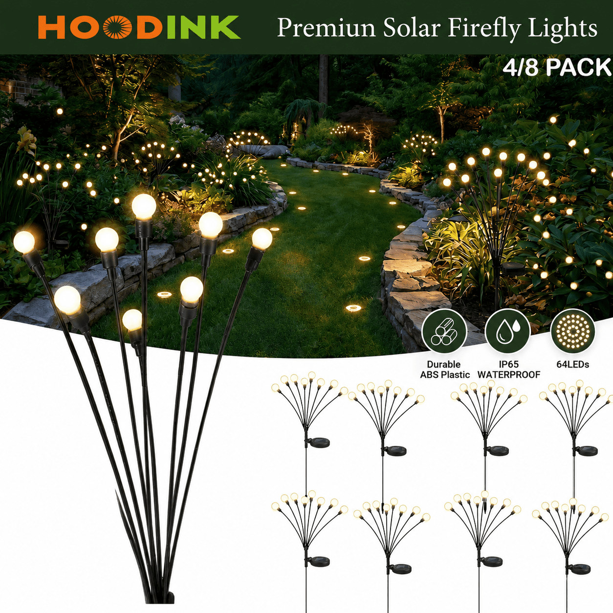8 Pack Solar Firefly Lights – 64 LED Outdoor Garden Decor, IP 65 Waterproof, Solar Swayable Lights for Garden Patio Pathway(Warm White)