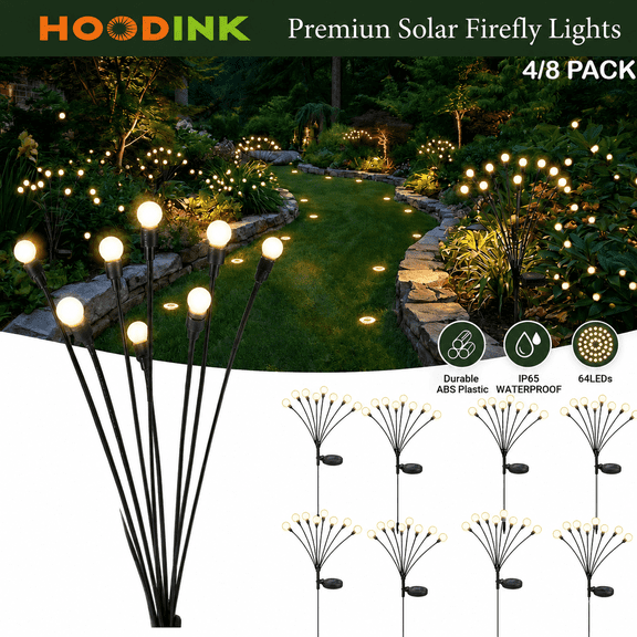 8 Pack Solar Firefly Lights – 64 LED Outdoor Garden Decor, IP 65 Waterproof, Solar Swayable Lights for Garden Patio Pathway(Warm White)