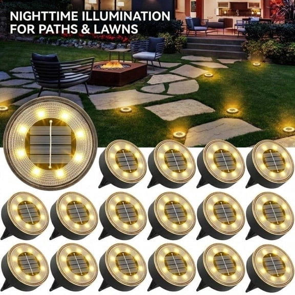 8 Pack Solar Ground Lights, IP68 Waterproof LED Disc Lights for Patio, Pathway, Lawn - Warm White