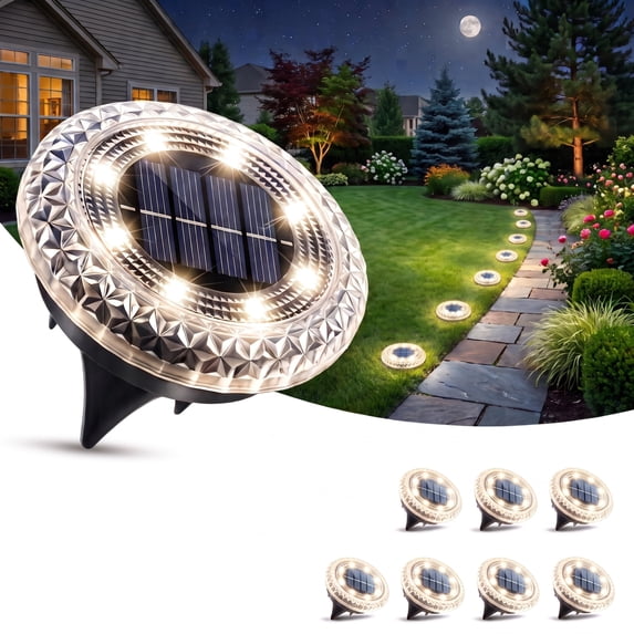 Ceevoo 8 Pack Solar Ground Lights Outdoor Waterproof, 8 LED Solar Powered in-Ground Disk Lights for Landscape Garden Walkway Pathway Yard Deck Lawn Patio, Warm White