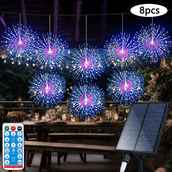 8 Pack Solar Hanging Firework Lights, 480 LED Starburst String Lights with Remote Control, Timer & Dimmable Modes, Outdoor Waterproof Decorative Lights for Garden, Patio, Party, Wedding and Christmas