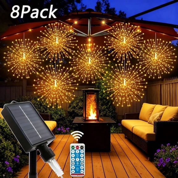 8 Pack Solar Hanging Firework Lights, 480 LED Starburst String Lights with Remote Control, Timer & Dimmable Modes, Outdoor Waterproof Decorative Lights for Garden, Patio, Party, Wedding and Christmas