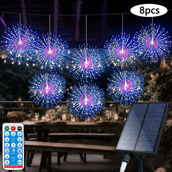 8 Pack Solar Hanging Firework Lights, 480 LED Starburst String Lights with Remote Control, Timer & Dimmable Modes, Outdoor Waterproof Decorative Lights for Garden, Patio, Party, Wedding and Christmas