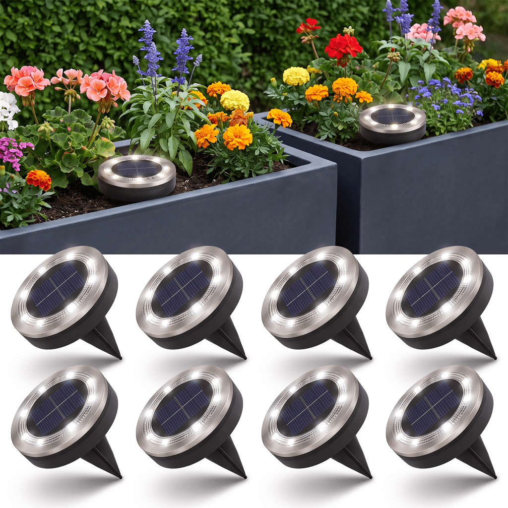 Solar Disc 8 Pack Solar Mini Ground Lights Outdoor 8 LED Disc Lights with Flat ...