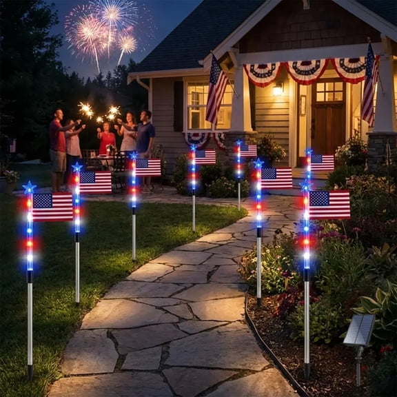 8 Pack Solar Pathway Lights with American Flag Design, Red White Blue Patriotic Garden Stakes, Waterproof LED Landscape Lighting for Walkway, Auto On/Off