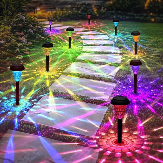 FKHouse 8 pack Black RGB color changing IP65 waterproof LED solar pathway lights for garden lawn