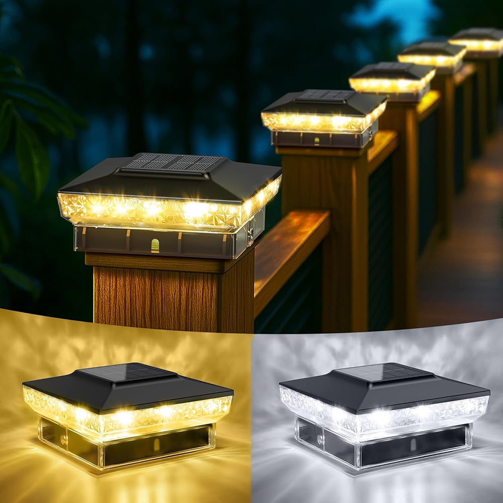 8 Pack Solar Post Cap Lights, 3.5x3.5 4x4 5x5 Upgraded Outdoor LED Fence Post Cap Lights, Warm/Cool White Solar Deck Post Lights for Garden Patio, image size:1000x1000
