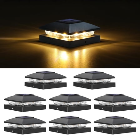 8 Pack Solar Post Cap Lights, 4x4 Outdoor LED Fence Post Cap Lights, Solar Powered Deck Lights for Dock Waterproof, fit for Wooden/Vinyl Posts