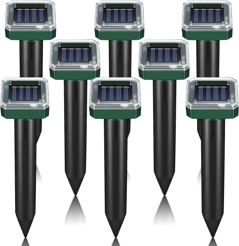 8 Pack Solar Powered Mole Repellent, Ultrasonic Outdoor Pest Repeller for Lawns & Gardens - Waterproof, Chipmunk, Vole, Gopher, Groundhog, Snake Deterrent