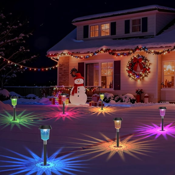 8 Pack Solar Powered Pathway Lights, Auto On/Off Color Changing Stake Lights Outdoor with Warm White & RGB Colored, IP68 Waterproof Light for Yard Walkway Lawn