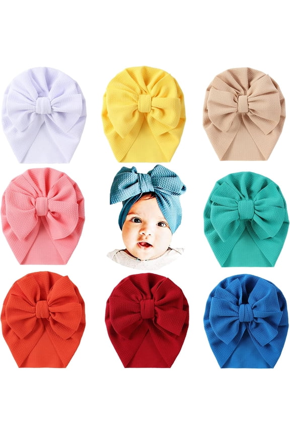 8 Pack Solid Big Knotted Hair Bow Large Bowknot Knot Beanie Turban Hats Caps Headwraps for Baby Girls Infants Toddlers Kids