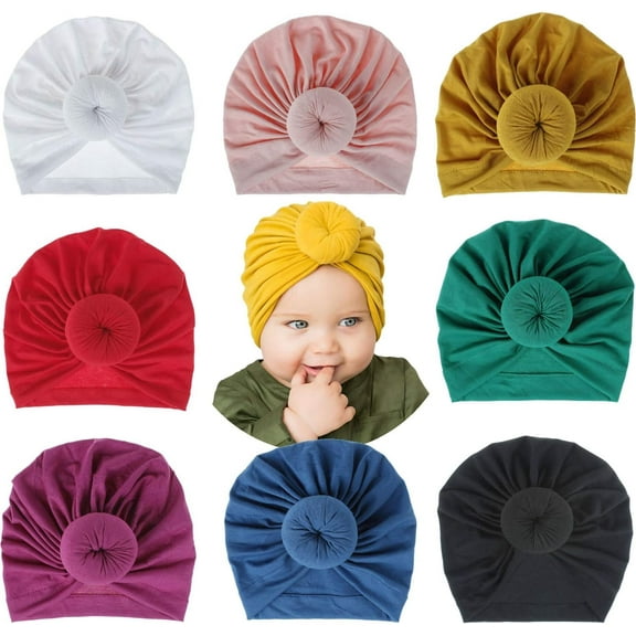 8 Pack Solid Green Blue Red Pink Gray Large Donut Ball Knot Bow Cotton Beanie Turban Hat Cap India Muslim Islamic Headwrap Winter Hospital Nursery for Newborn Baby Girl Infant Toddler Kids