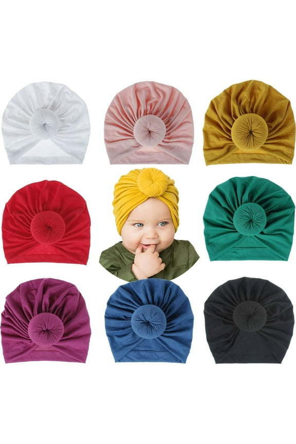 8 Pack Solid Green Blue Red Pink Gray Large Donut Ball Knot Bow Cotton Beanie Turban Hat Cap India Muslim Islamic Headwrap Winter Hospital Nursery for Newborn Baby Girl Infant Toddler Kids