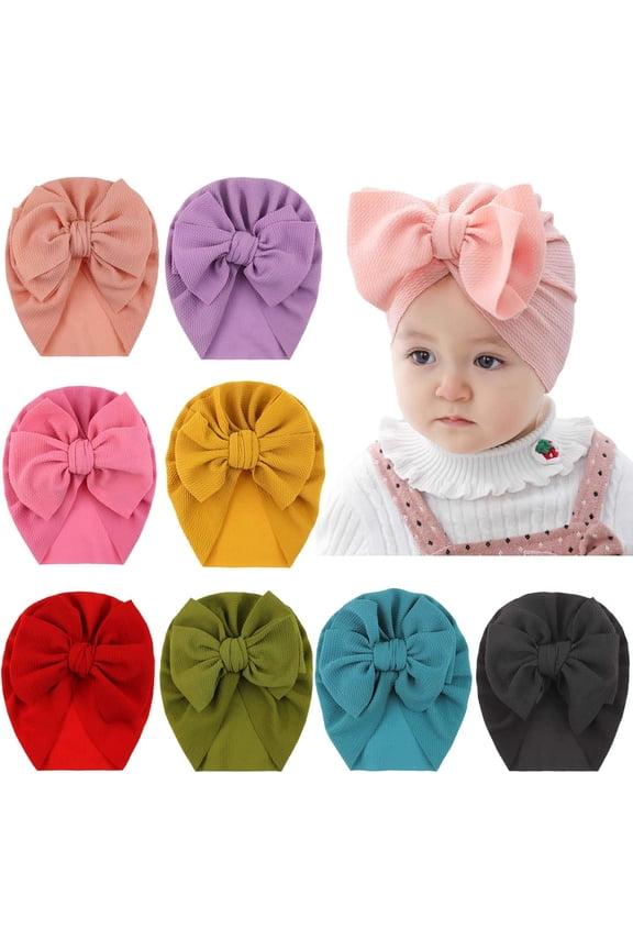 8 Pack Solid Large Turban Hat Cap Beanie Bonnet with Big Hair Bow Hospital Baby Hats Knot Headwraps Turbans for Newborn Baby Girls Toddlers Infants Kids