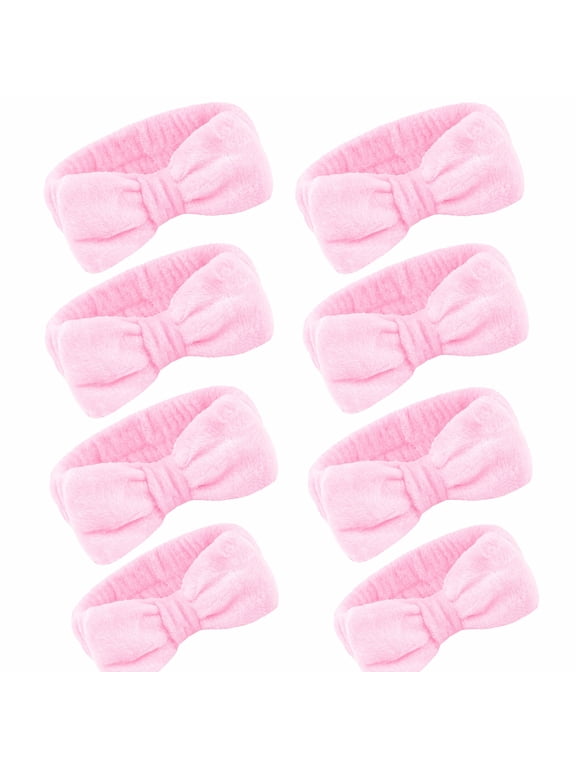 8 Pack Spa Headbands for Washing Face - Pink Terry Cloth Skincare Bands for Women & Girls. Soft Microfiber Bow Headbands for Makeup & Face Wash.