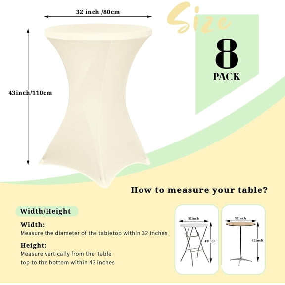 8 Pack Spandex Cocktail Table Covers Beige, 32"x43" Stretch Square Corners Tablecloth Fitted High Top Table Stretch Cocktail Round Table Cover for Bar Wedding Cocktail Party Banquet Table (Beige)