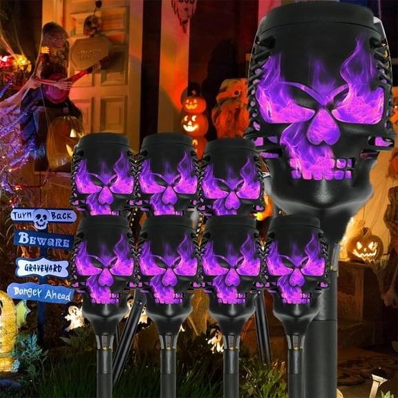 8-pack Plastic Spooky Skulls Solar Torch Lights Flickering Flame Torches for Halloween