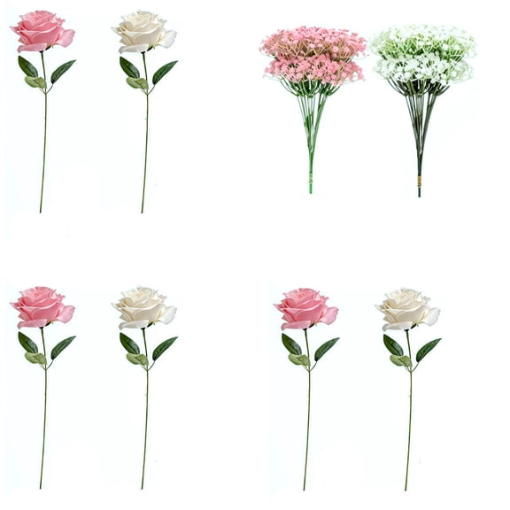 8 Pack Spring Artificial Flower Bouquet Gypsophila and Roses for Wedding Centerpiece Home Decor Vase Arrangement Indoor Outdoor 8 Stems