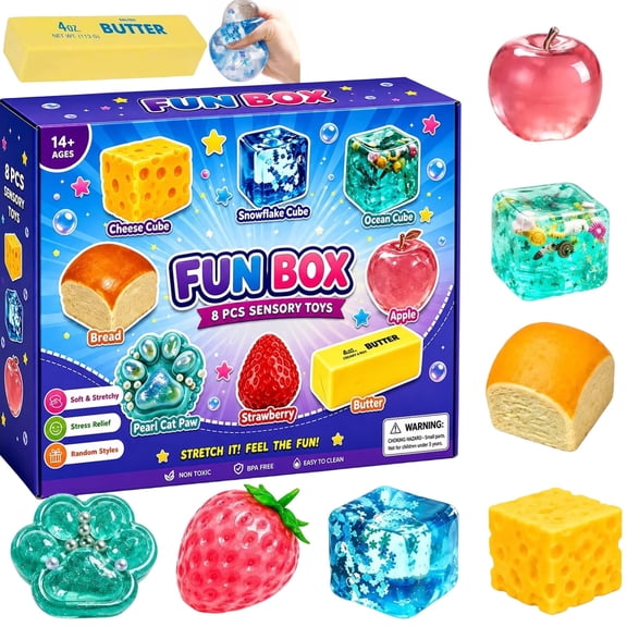 8 Pack Squishy Fun Box Squeeze Toys Stress Ball Fidget Toy Cheese Apple Strawberry Bread Ice Shaped Realistic Slow Rising Moldable Stress Relief Gift