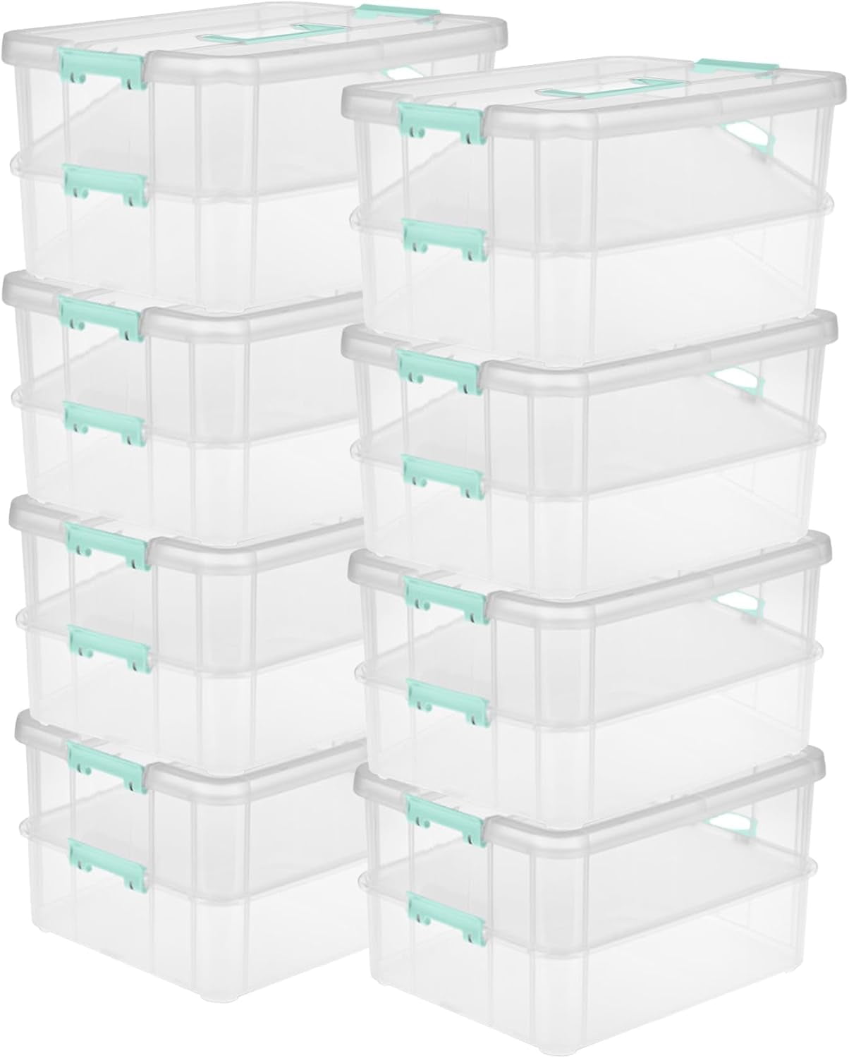 8-Pack Stack & Carry, 2 Layer Handle Box for Home & Office Storage - Clear Base & Lid with Color Latches, Organizer for Art & Craft Supplies, Sewing Tools or 8.5" x 11" Paper