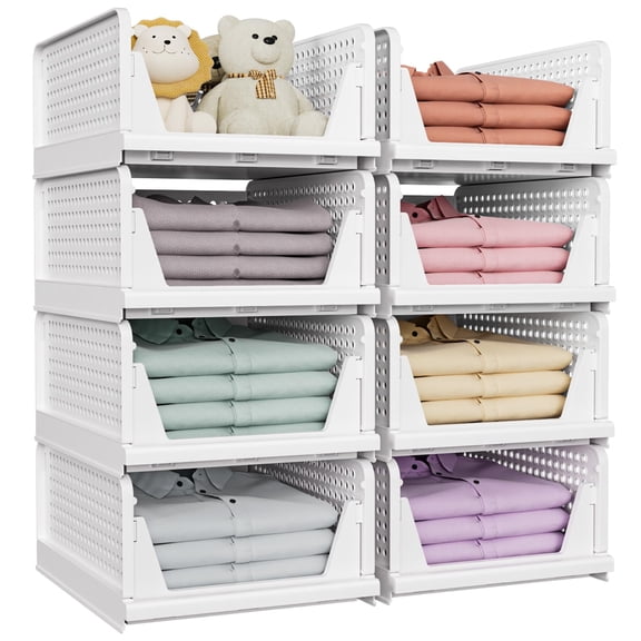 8 Pack Stackable Closet Storage Bins, Multifunctional & Foldable Closet Organizers and Storage for Bathroom Kitchen Laundry Room Drawer Shelf Storage, Space-Saving Wardrobe Organizer, White