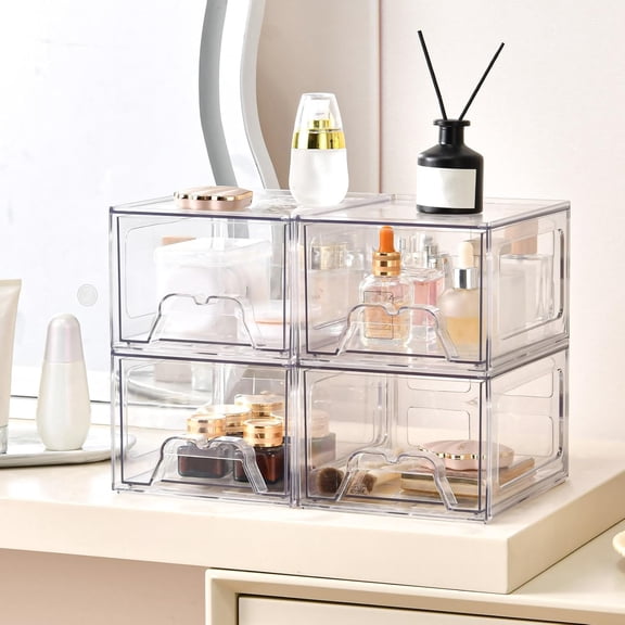 8 Pack Stackable Makeup Organizer, Clear Acrylic Bathroom Vanity Storage Bins with Handles for Cosmetics, Pantry, Desk