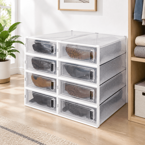 8 Pack Stackable Plastic Shoe Organizer Containers with Drop Front Lids, 20.5" x 11.8" x 5.5"