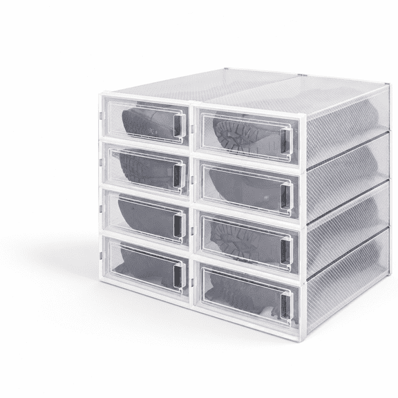 8 Pack Stackable Plastic Shoe Organizer Drop Front Large Storage Containers with Lid