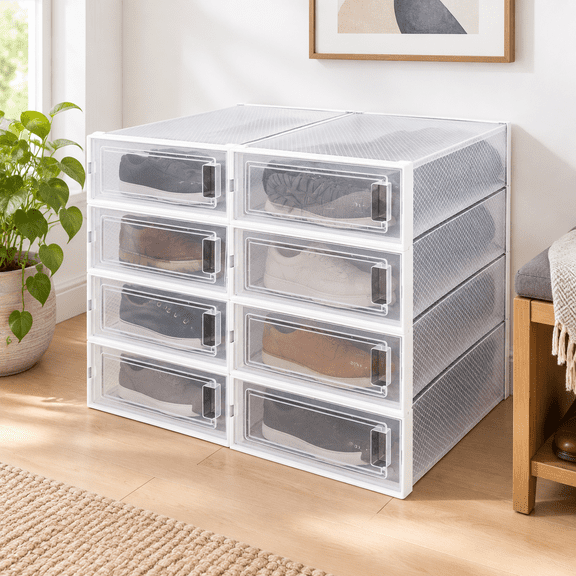 8 Pack Stackable Plastic Shoe Storage Boxes with Drop Front Lid, 20.5" x 11.8" x 5.5"