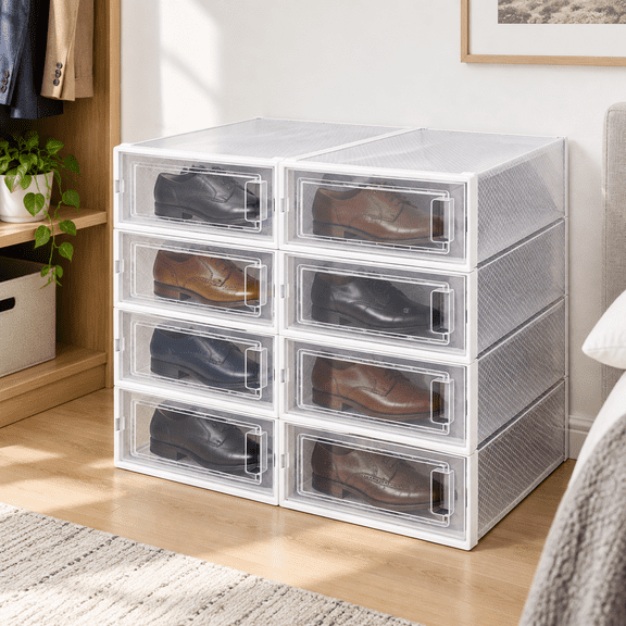8 Pack Stackable Plastic Shoe Storage Boxes with Drop Front Lids