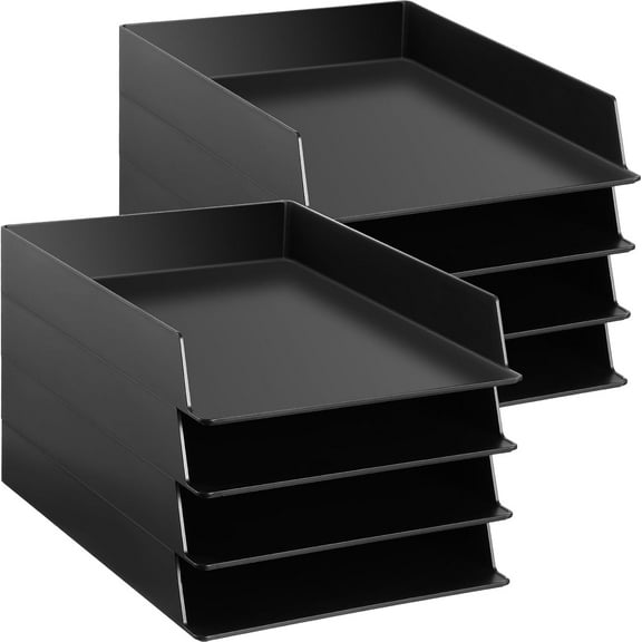 8 Pack Stackable Rectangular Paper Trays Desktop Document Organizer for Office or Classroom Black