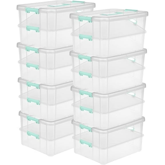 8 Pack Stackable Storage Bins, 2 Layers, Latching Lids, Stack and Carry, Clear