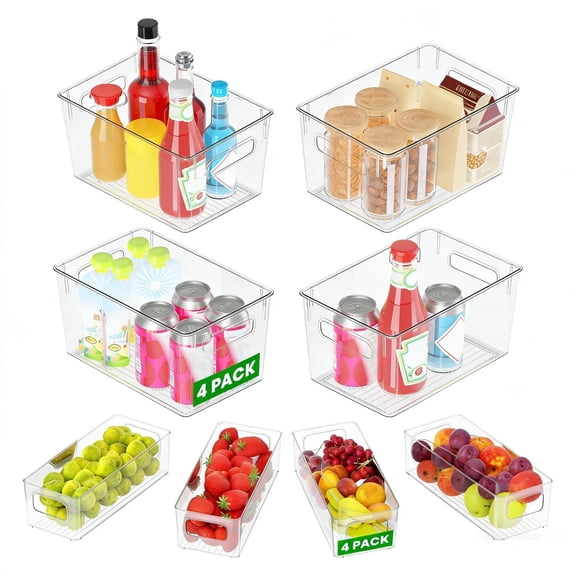 8 Pack Clear Plastic Storage Bins with Handles, 4 Large & 4 Small Stackable Organizer Bins for Fridge, Pantry, Kitchen, Non-Slip Bottom