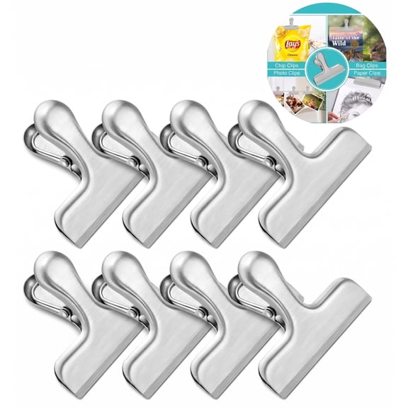 8 Pack Stainless Steel Chip Clips, 3 Inch Heavy Duty Bag Clips for Food Packages, Air Tight Seal Metal Food Clamps for Kitchen, Snack, Coffee, Bread, and Office Organization