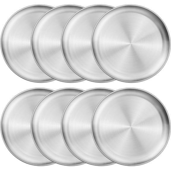8-Pack Stainless Steel Plate Set, 8 Inch Unbreakable Round Metal Dishes for Outdoor Camping, Hiking, Party Serving & Everyday Use