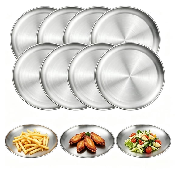 8-Pack Stainless Steel Plate Set, 8 Inch Unbreakable Round Metal Dishes for Outdoor Camping, Hiking, Party Serving & Everyday Use