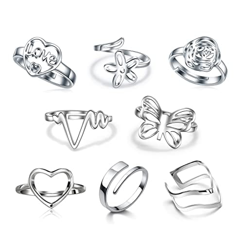 8 Pack Stainless Steel Rings Set for Women Silver Aesthetic Jewelry ...